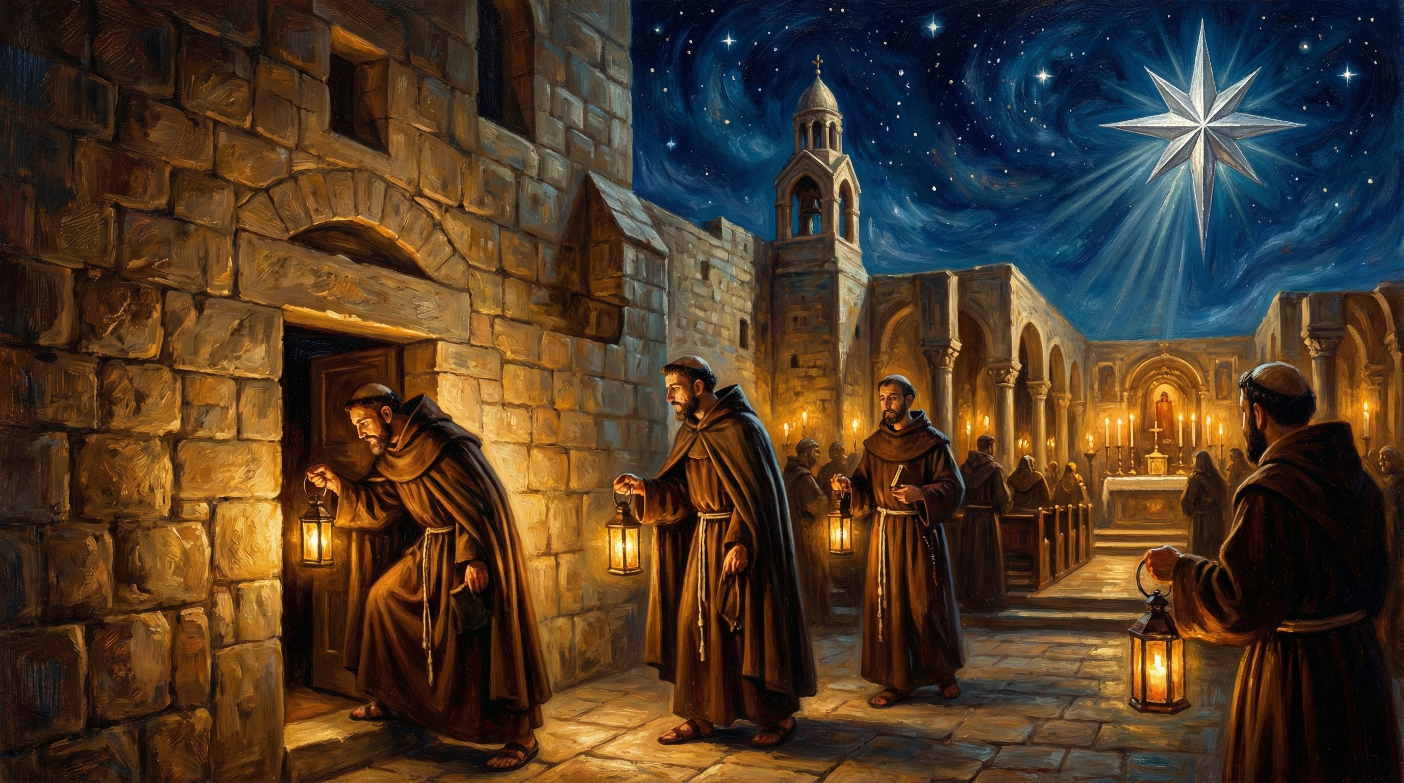 The Basilica of the Nativity in Bethlehem at night, candles glowing in the Grotto