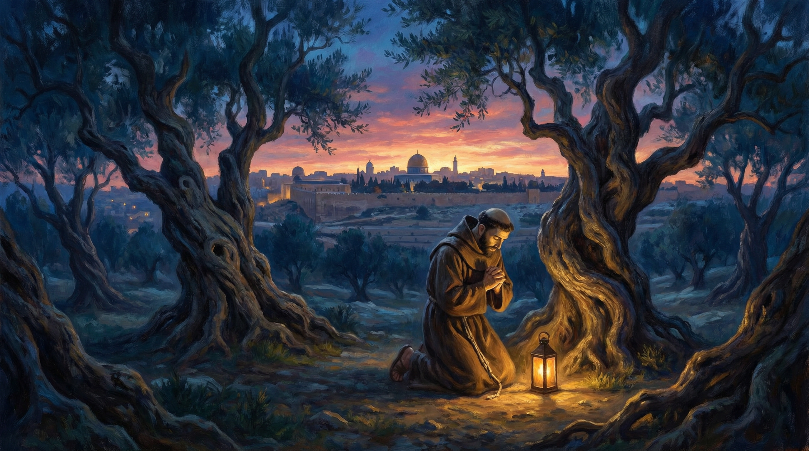 Franciscan friar in prayer at the Garden of Gethsemane at dawn, ancient olive trees