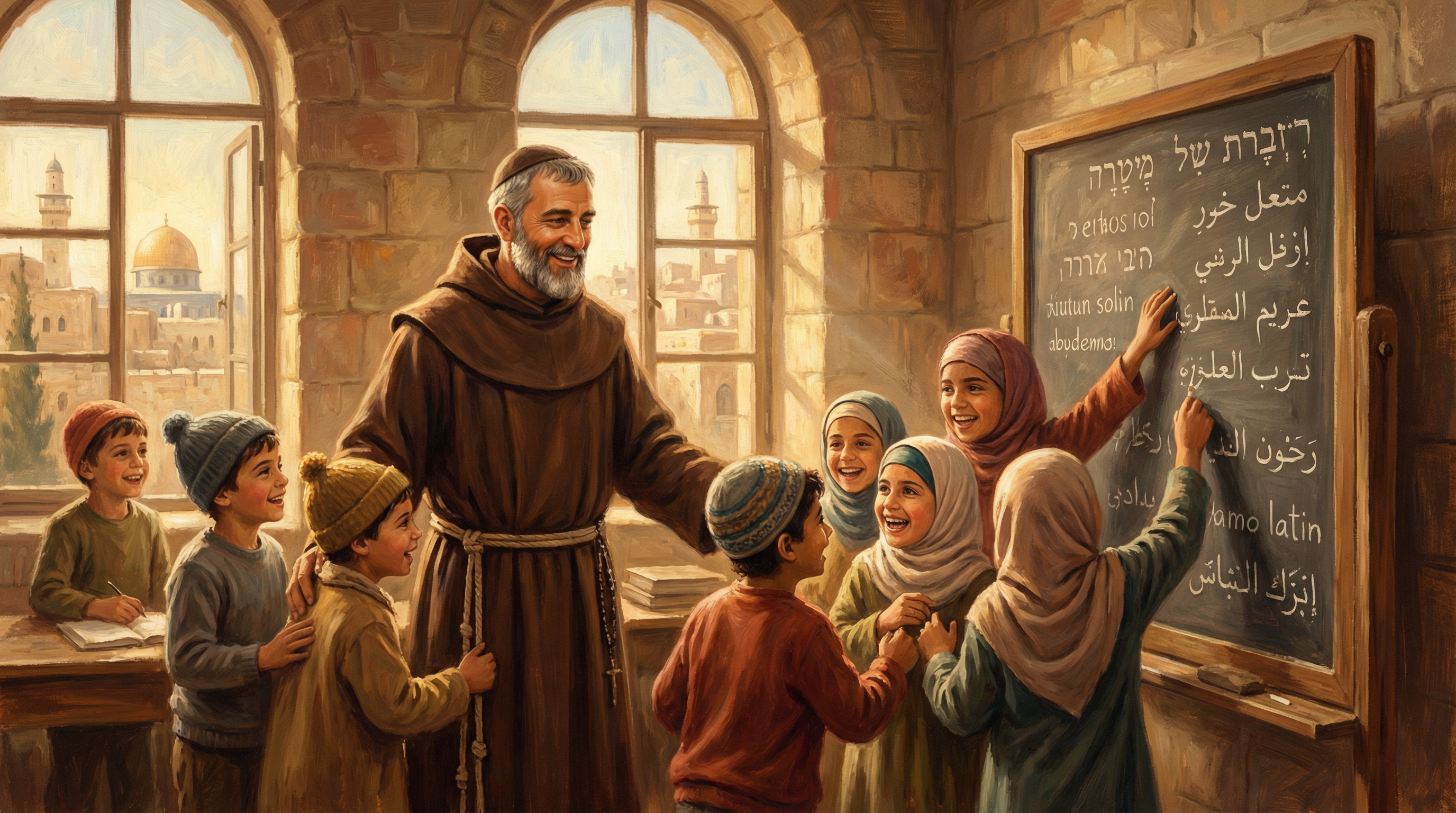 A Franciscan friar teaching children in a Terra Sancta School classroom