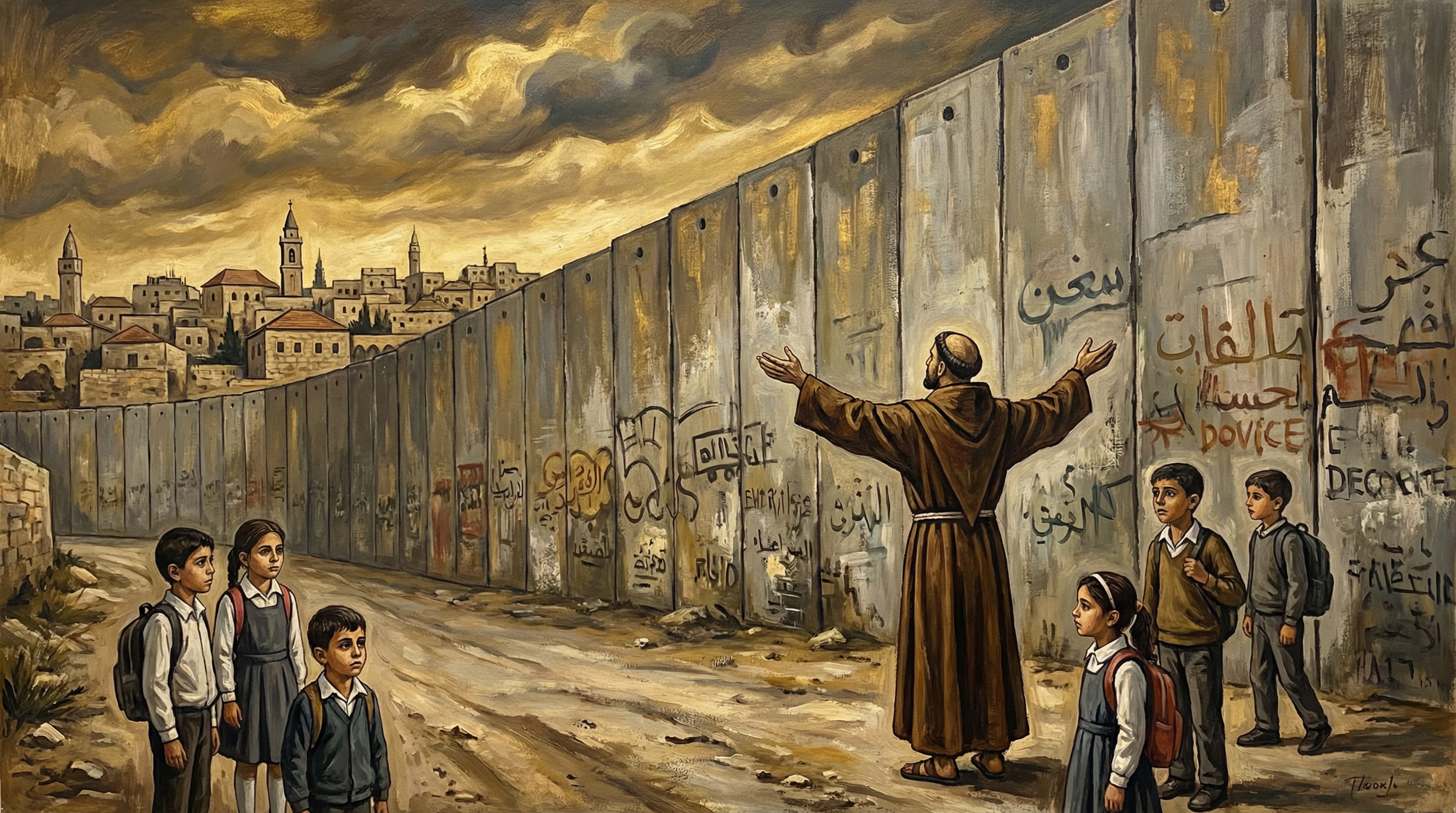 Franciscan friar at the separation wall near Bethlehem with Palestinian schoolchildren